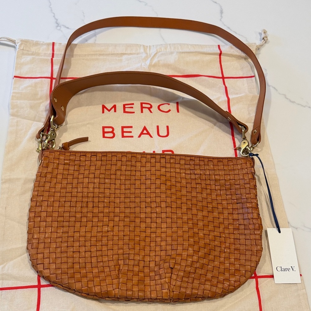 Clare V Tan Brown Leather Woven Moyen Messenger Shoulder Bag in Dustbag & Tag